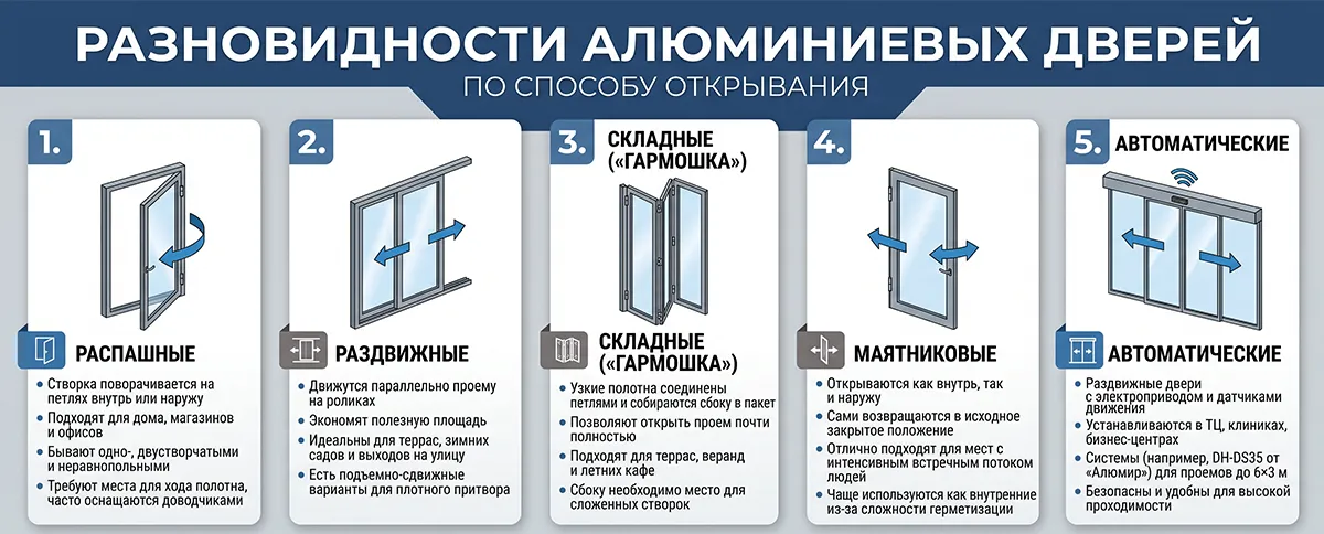 Виды алюминиевых дверей по способу открывания | Алюмир